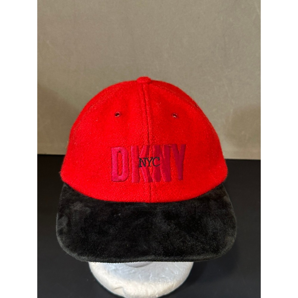 Vintage DKNY NYC Red Wool Black Suede Brim Baseball Cap Hat Made in USA
